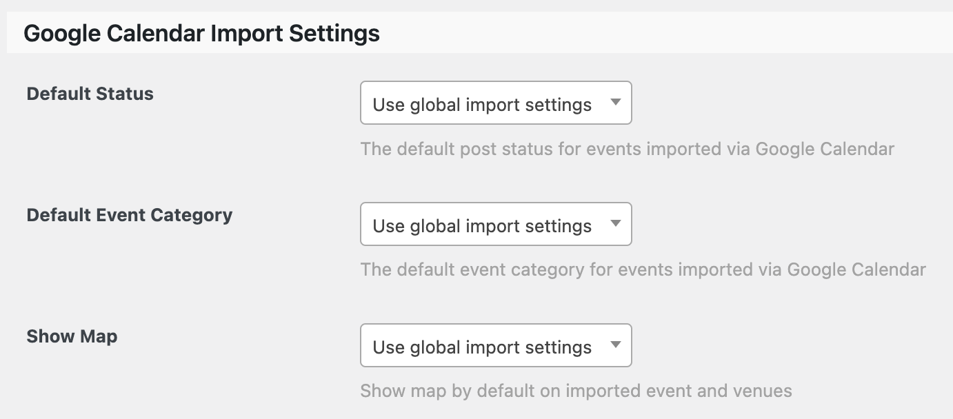 Google Calendar Import Settings