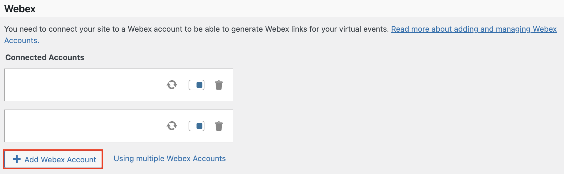 Connect to Webex under Events Settings > Integrations