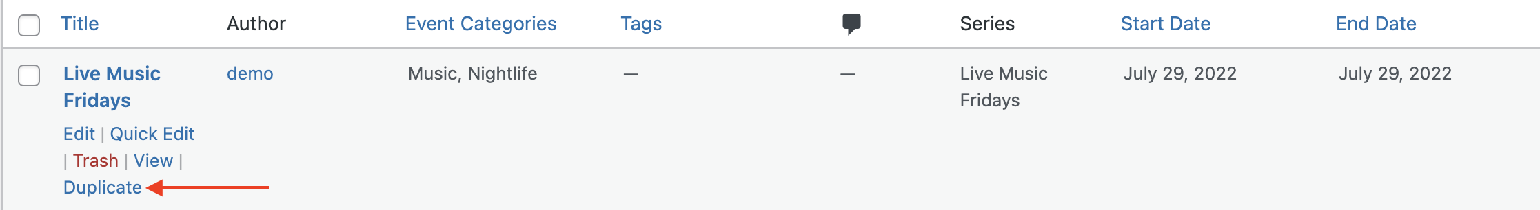 The Events admin list with the Duplicate link visible on hover