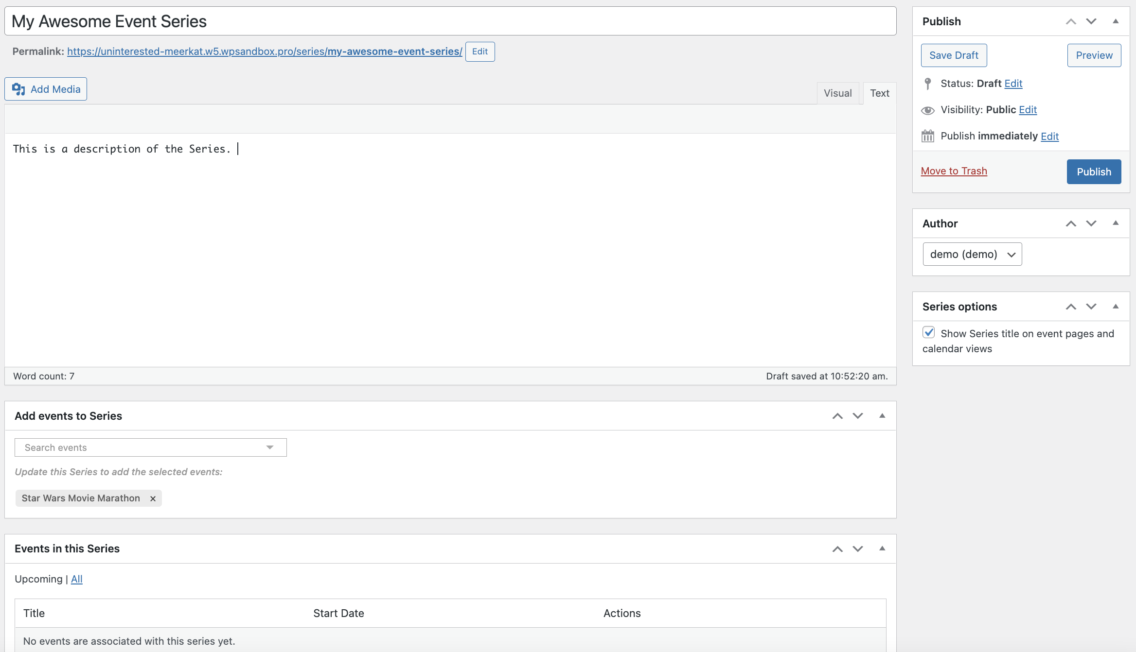 Series page on the backend