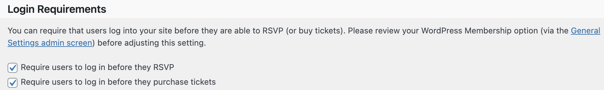 Tickets Settings > Login requirements to add LearnDash The Events Calendar integration