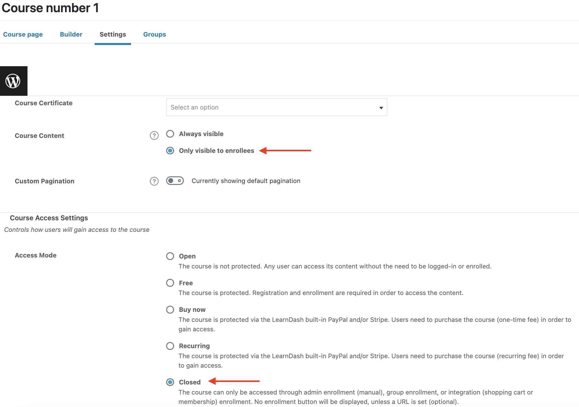 LearnDash course settings
