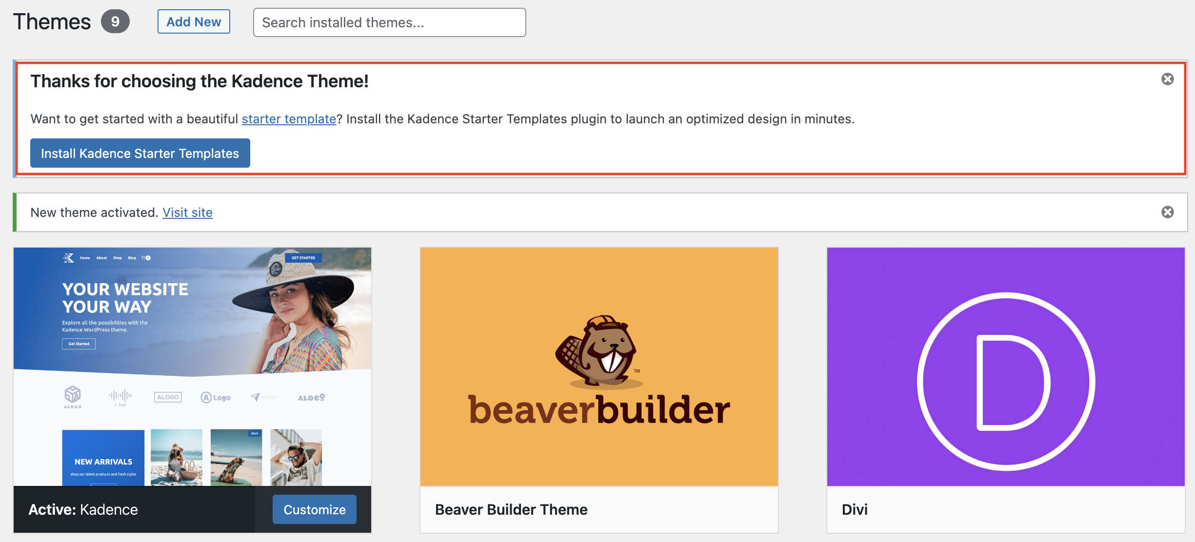 Install Kadence starter templates