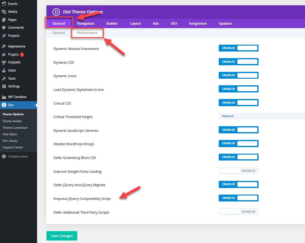 The Divi Performance tab showing the jQuery Compatibility Script option that should be disabled