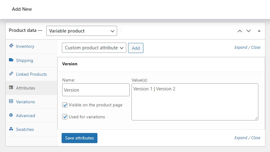 create attributes and variations
