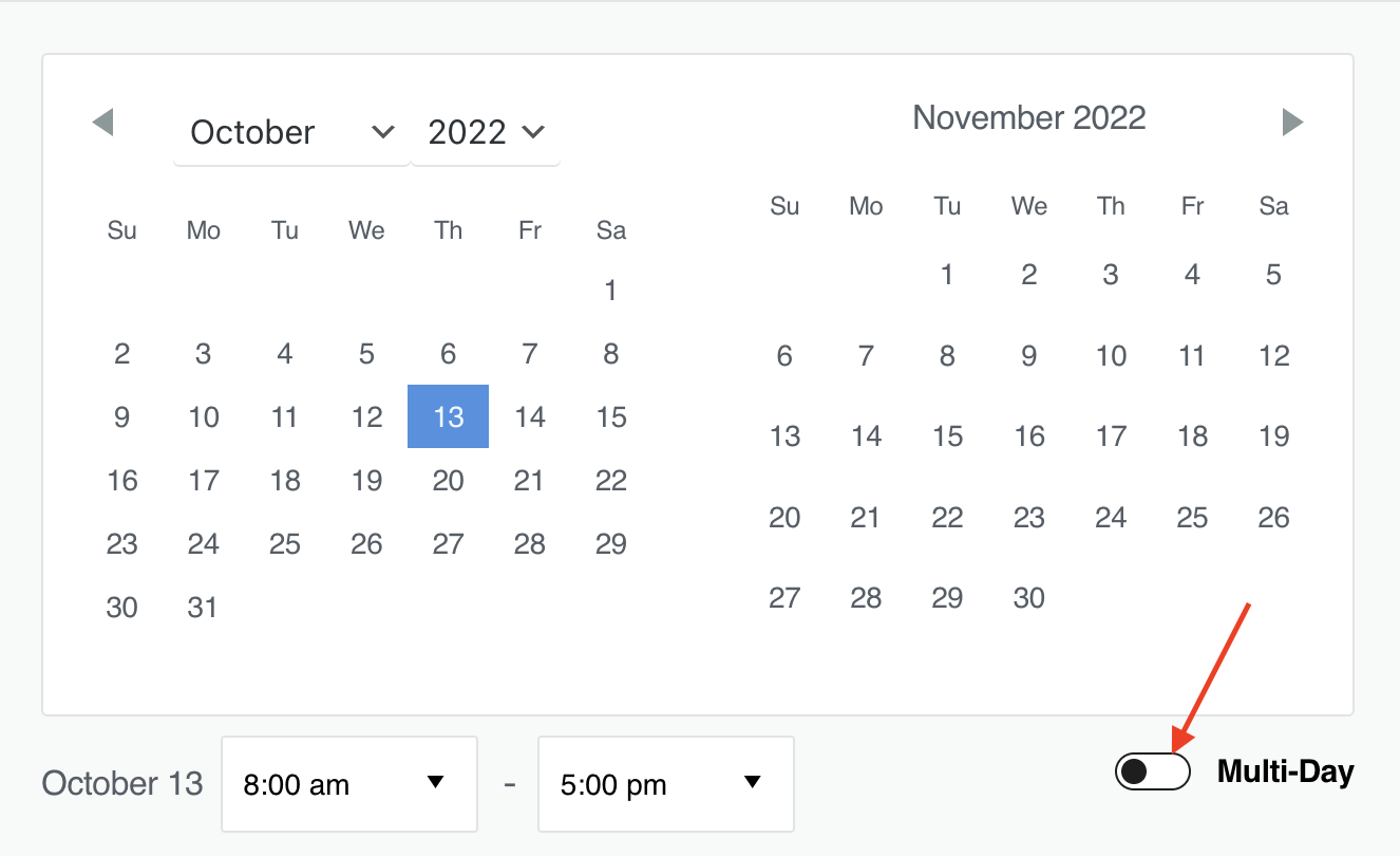The Multi-day event toggle in the Block Editor