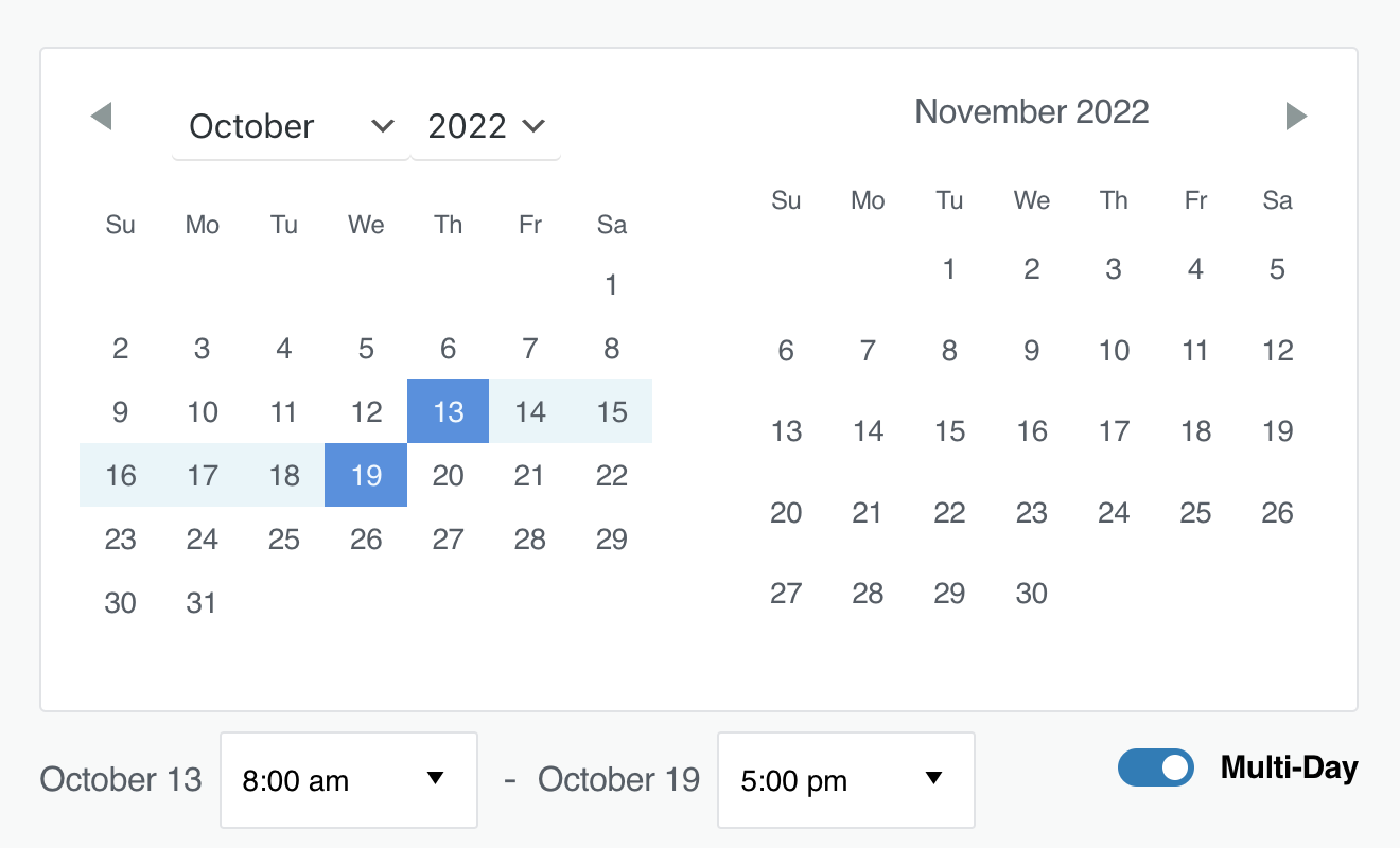 Setting dates and times for a multi-day event in the Block Editor