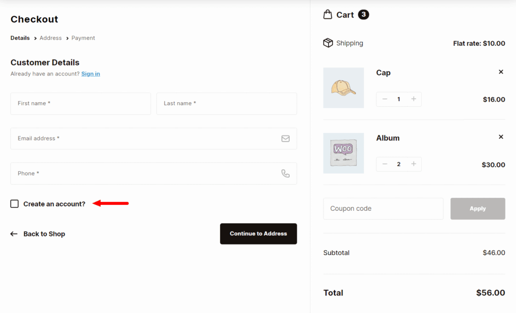 create an account guest checkout