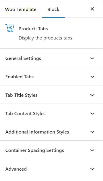 Product Tabs block settings