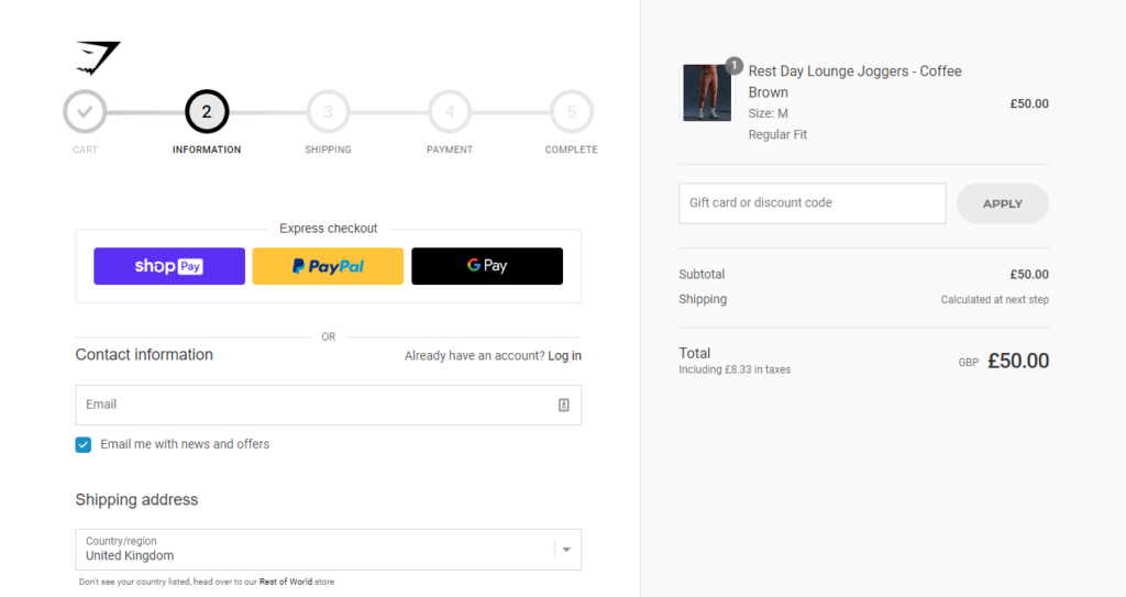 gymshark multi step checkout