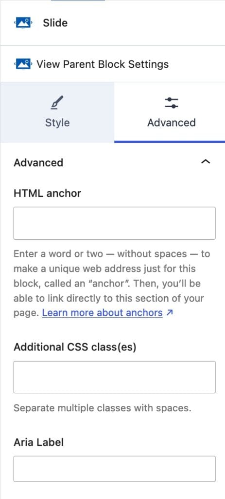 Advanced Slide Block Settings