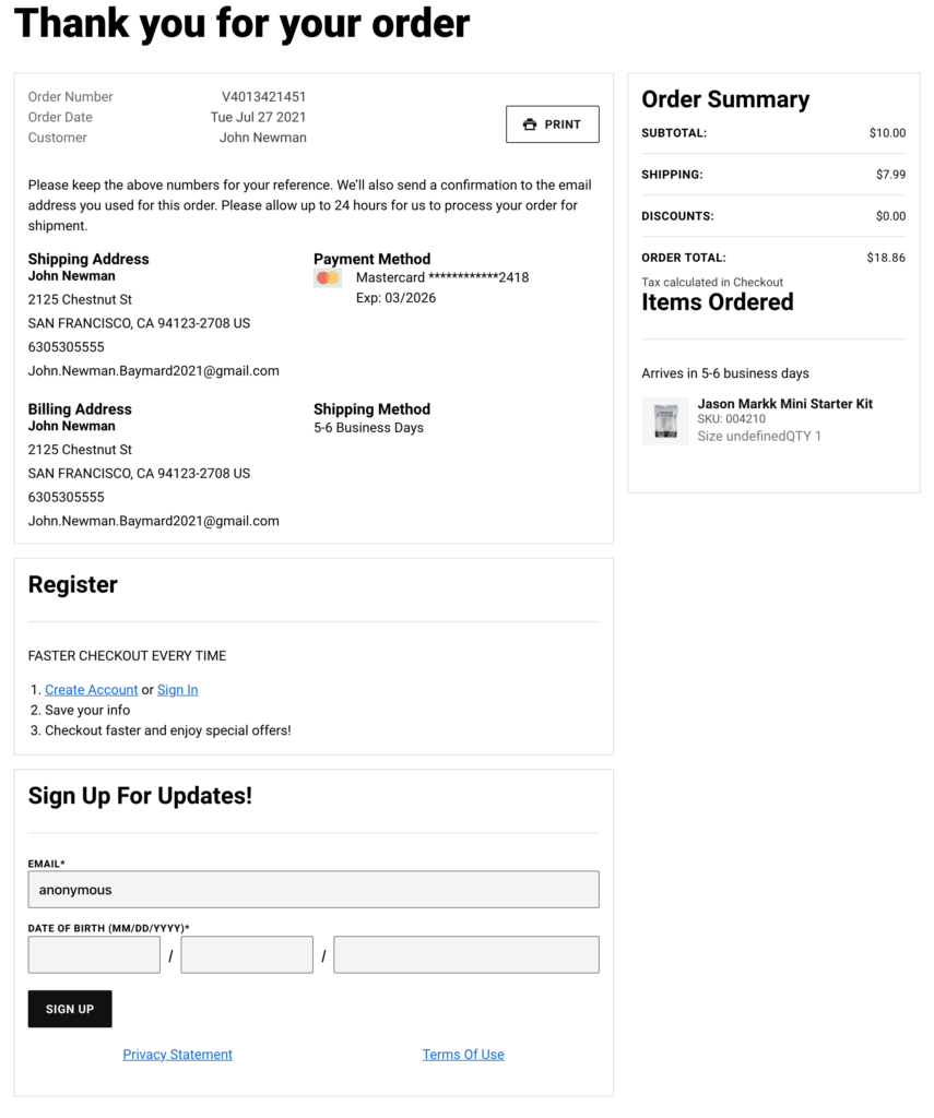 Foot Locker thank you page