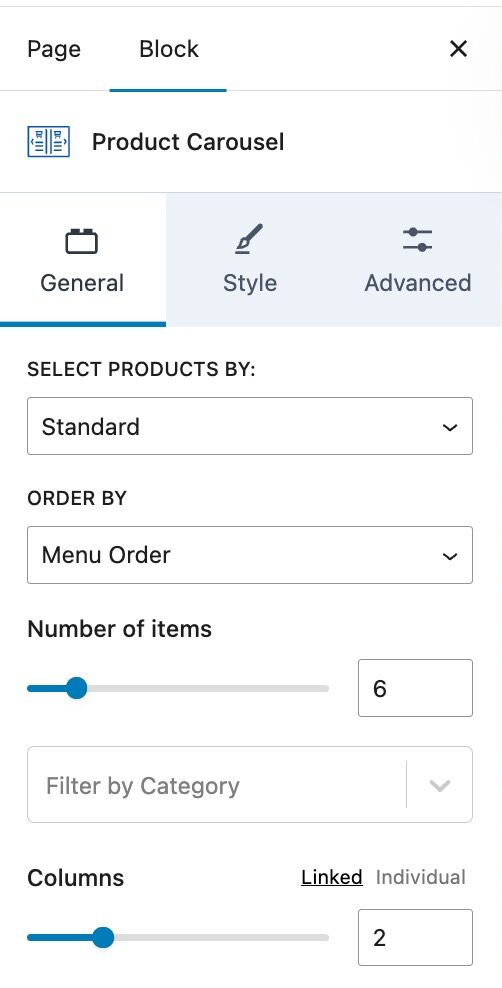 Product Carousel General Block Settings