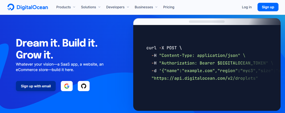 DigitalOcean’s landing page.