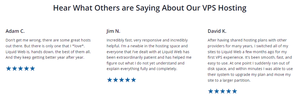 Liquid Web VPS hosting’s 5-star user reviews.