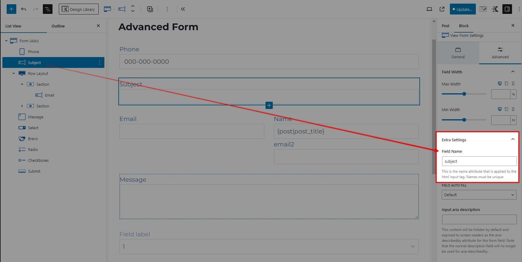 Advanced Form Field Name Extra Settings