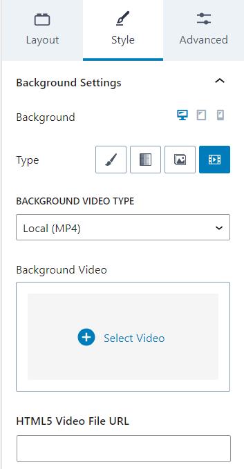 Row Layout Background Settings for Video