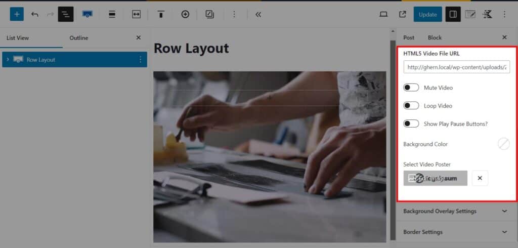 Row Layout Video Background extended settings