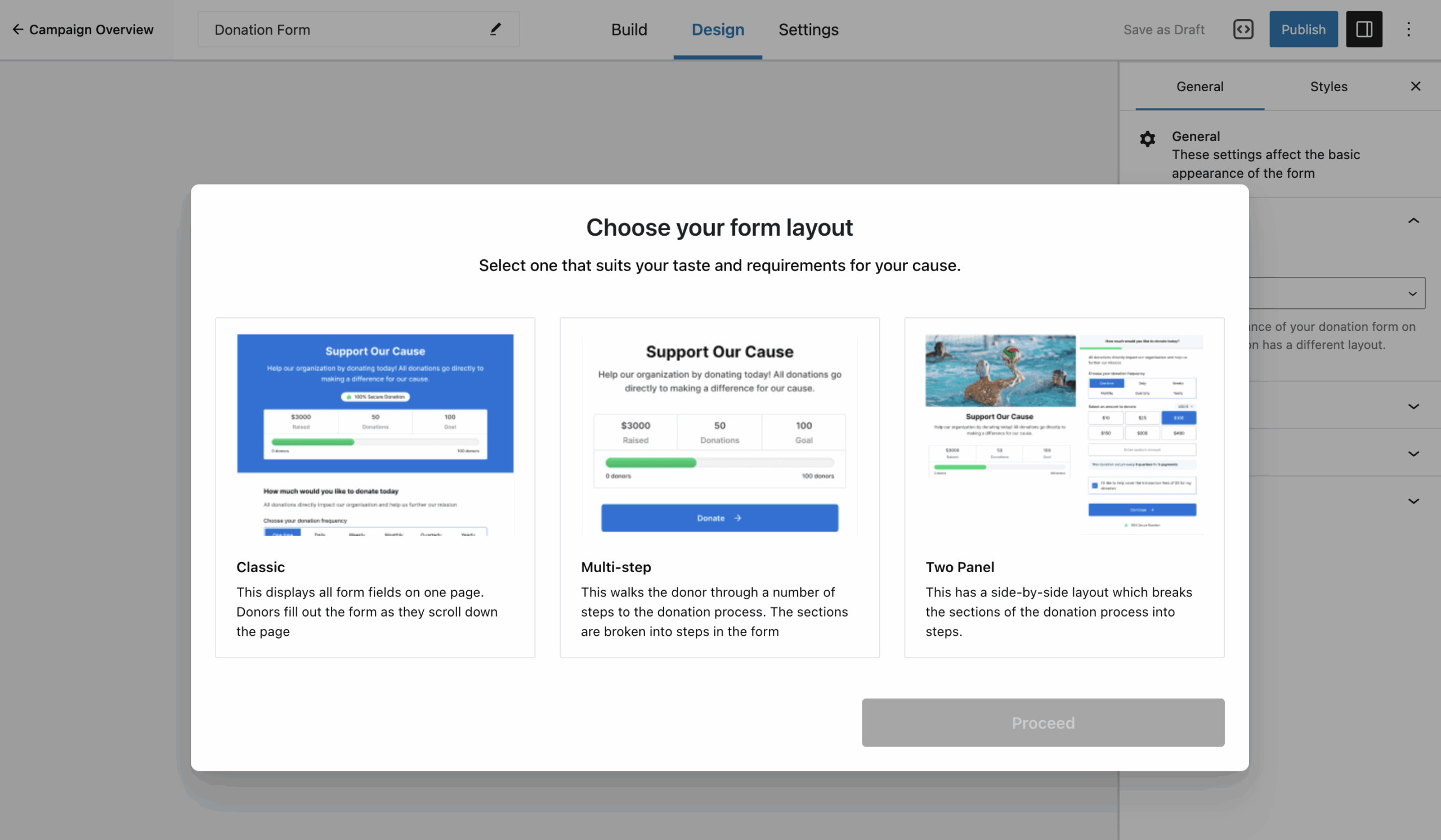 screen to choose the form layout or template when creating a new donation form in the campaign