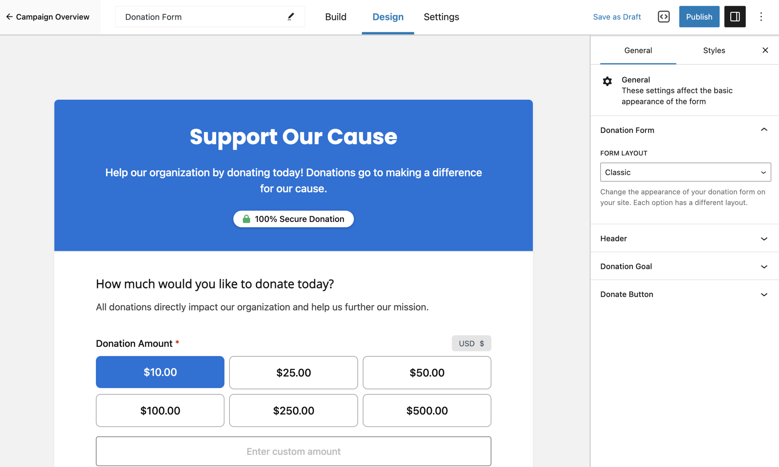 screenshot showing how to start designing a new donation form created within a campaign