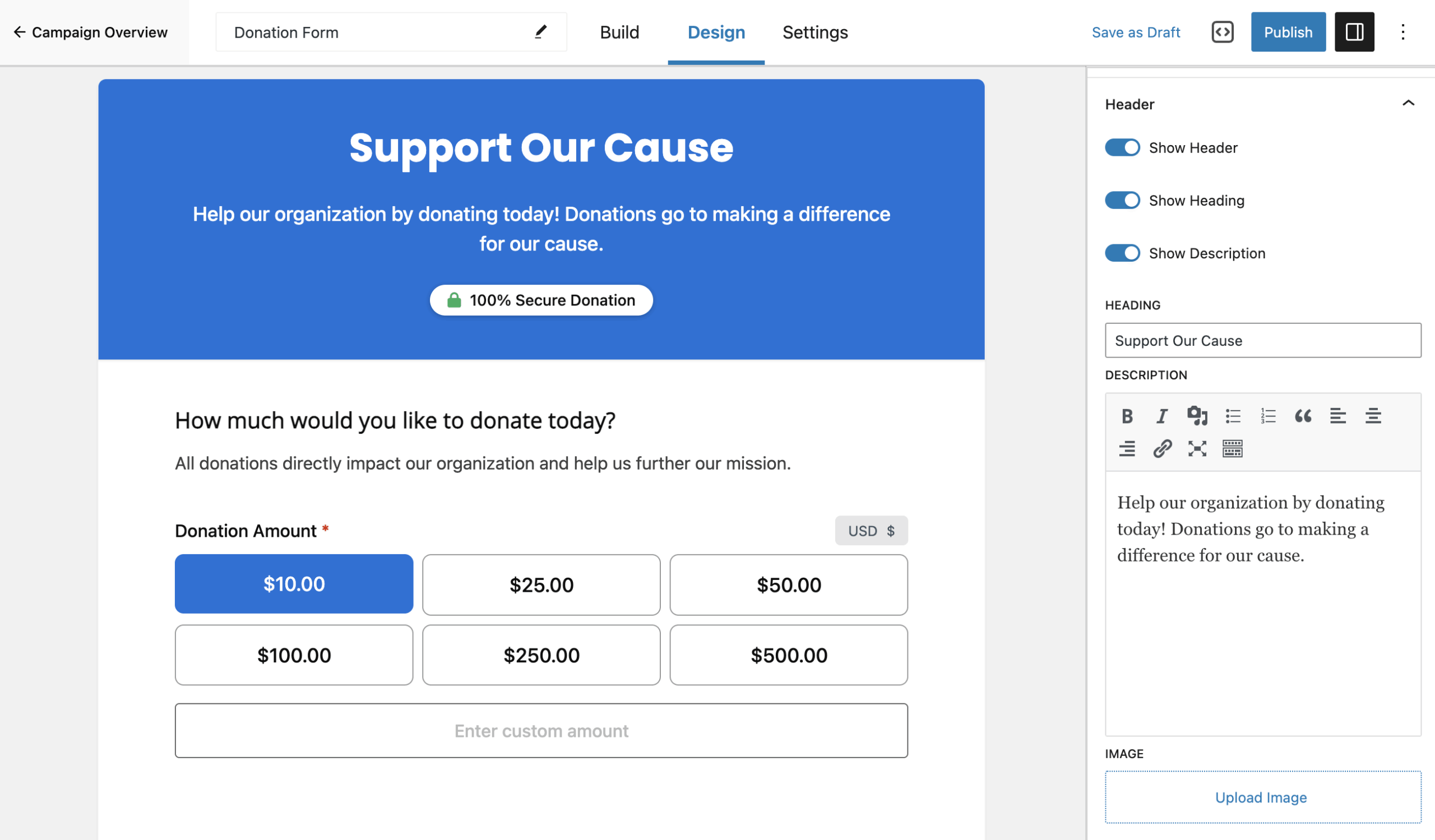 screenshot showing how to use Header settings in the visual donation form Design step