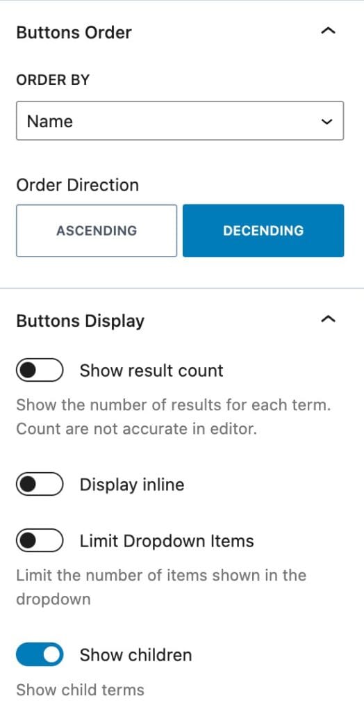 Filter Buttons General Settings B