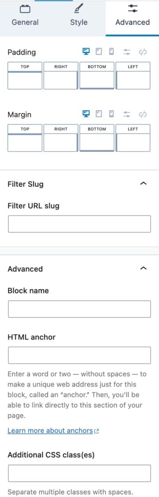 Filter Checkbox Advanced Settings