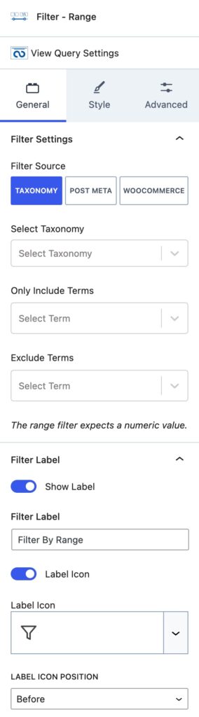 Filter Range General Settings