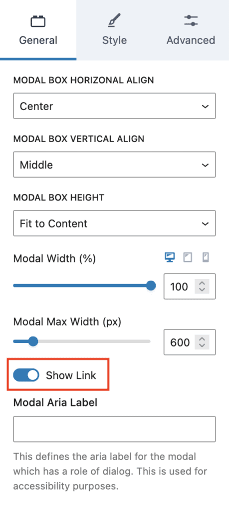 Modal Block - General Settings - Show Link toggle