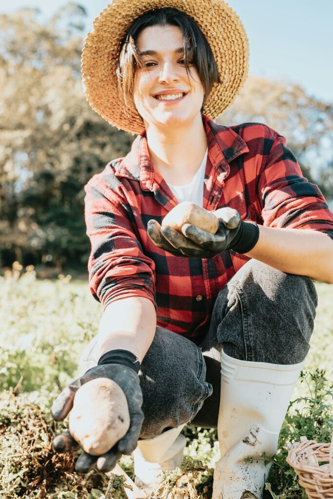 a farmer woman in a straw hat and flannel shirt harvests potatoes from her ample garden