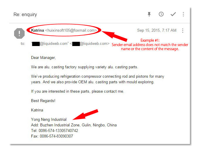 Email Spoofing Example 1 - Sender Name and Email Do Not Match