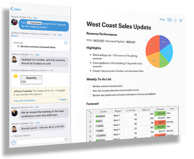 Quip's sidebar shows the document's history.