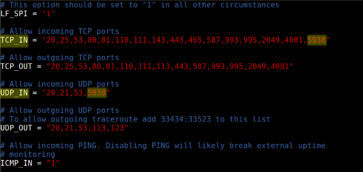 TeamViewer communicates on port 5938, if you use ConfigServer Security & Firewall (CSF) its necessary to add this port to the configuration file.