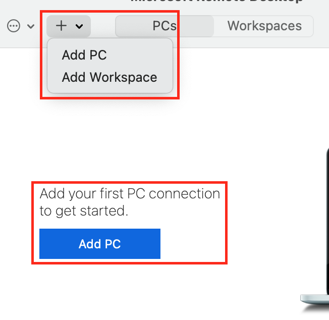 With the program opened, you will either click the plus icon ( + ) at the top or Add PC in the middle of the window to add a new connection (remote desktop — Mac to Windows server configuration).
