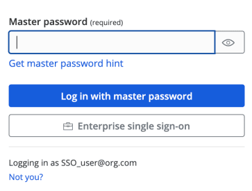 To test the configuration, navigate to https://vault.bitwarden.com, enter your email address, click the Continue option, and then click the Enterprise Single Sign-On button.