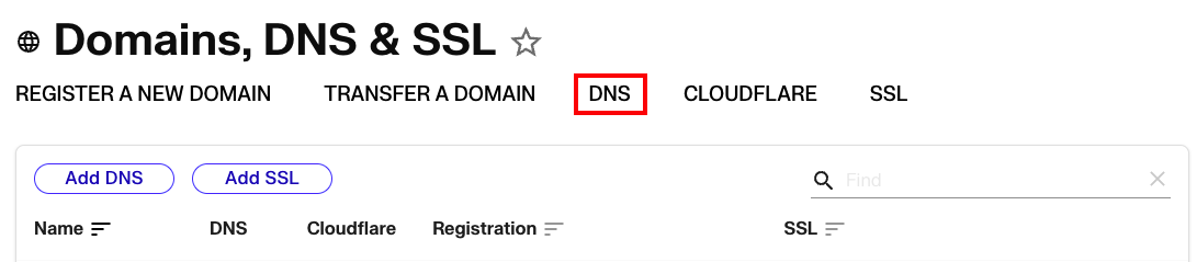 The image shows the domains dashboard with the dns link highlighted.