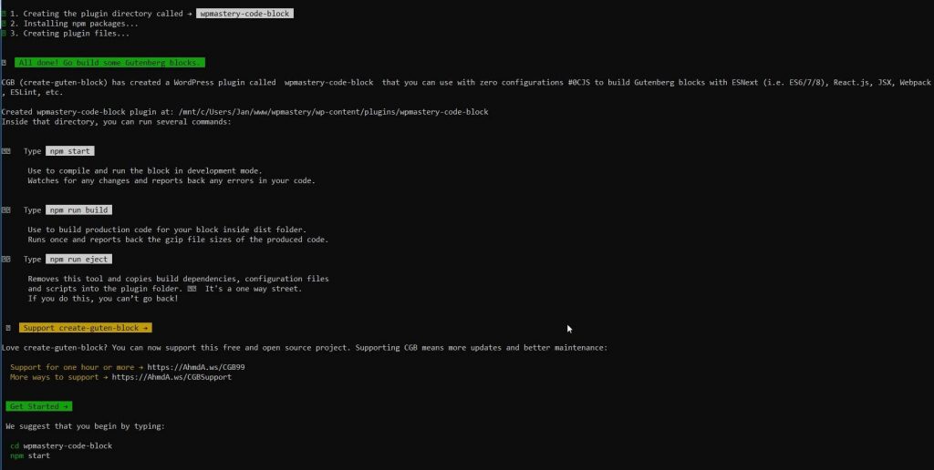 example for wpmastery code block using create guten block in bash
