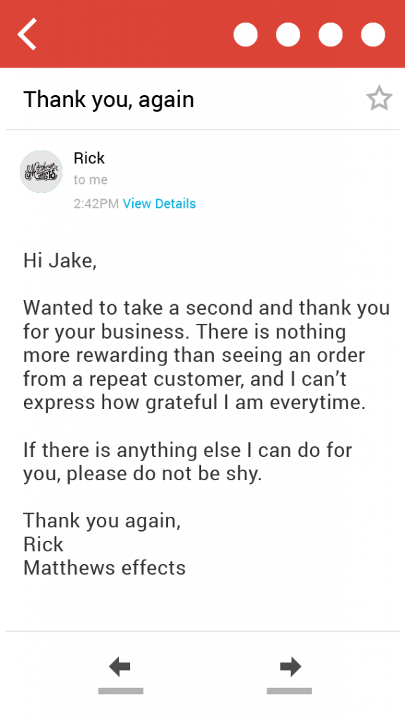 example thank you letter from small guitar pedal ecommerce owner