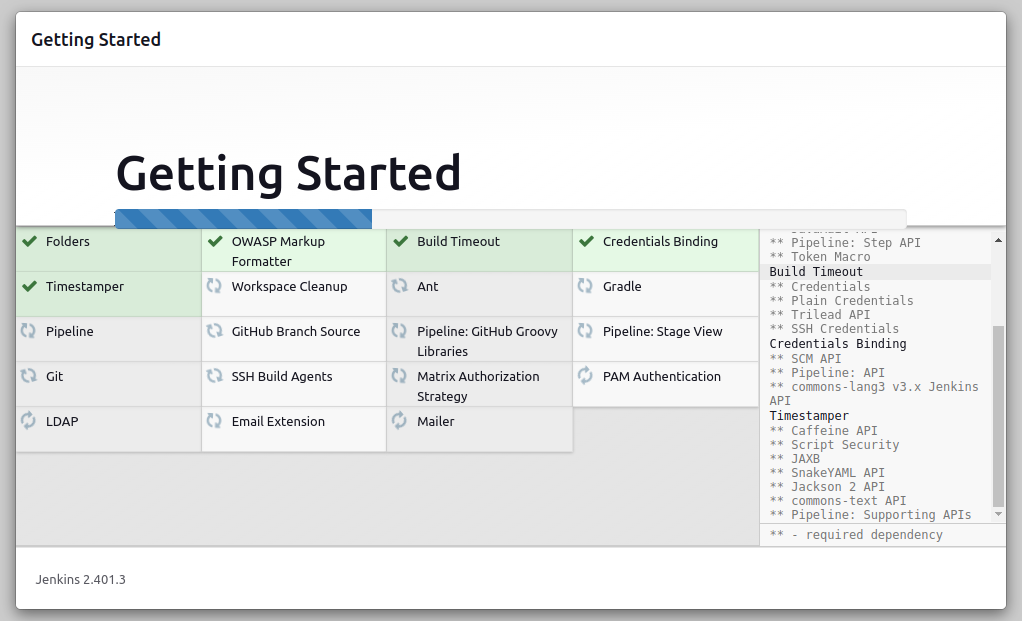 You can install the suggested plugins or select your own plugins in this window. We will proceed with installing the recommended plugins. You will notice that the installation will take a good amount of time to complete after it begins.
