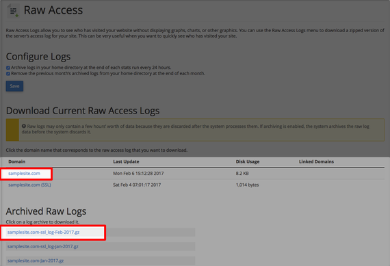 access log links highlighted