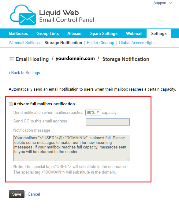 Enabling Full Mailbox Notifications in Premium Business Email Liquid 