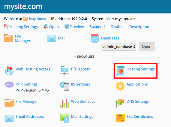 hosting settings link highlighted