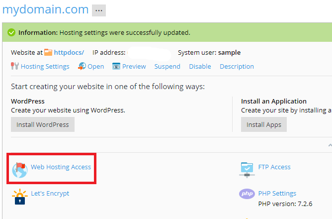 web hosting access screen