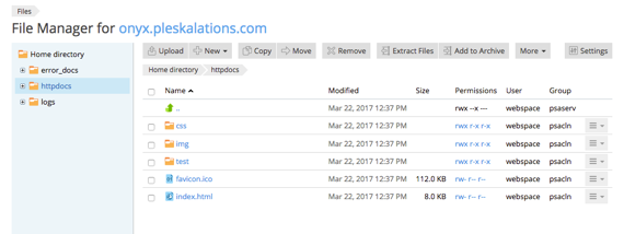 File Manager home showing httpdocs