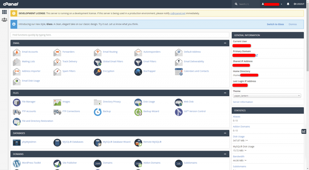 Main cPanel home page dashboard