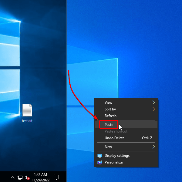 Remote Desktop file transfer — paste the file on our local desktop by right-clicking and selecting Paste from the menu or CTRL + V.