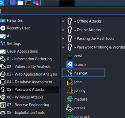 The Hashcat tool is available under Password Cracking Tools.