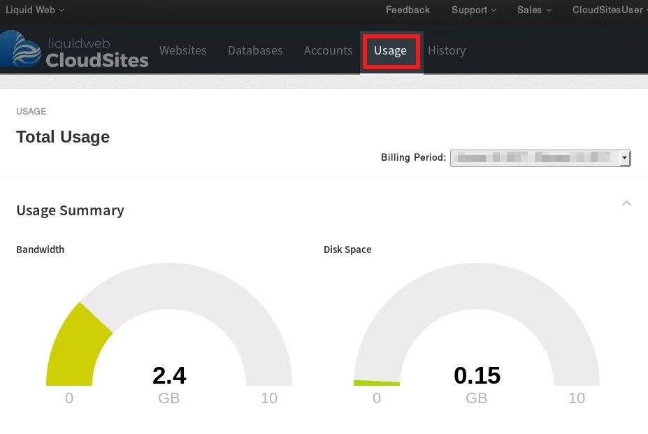 The Usage tab in Liquid Web's interface.