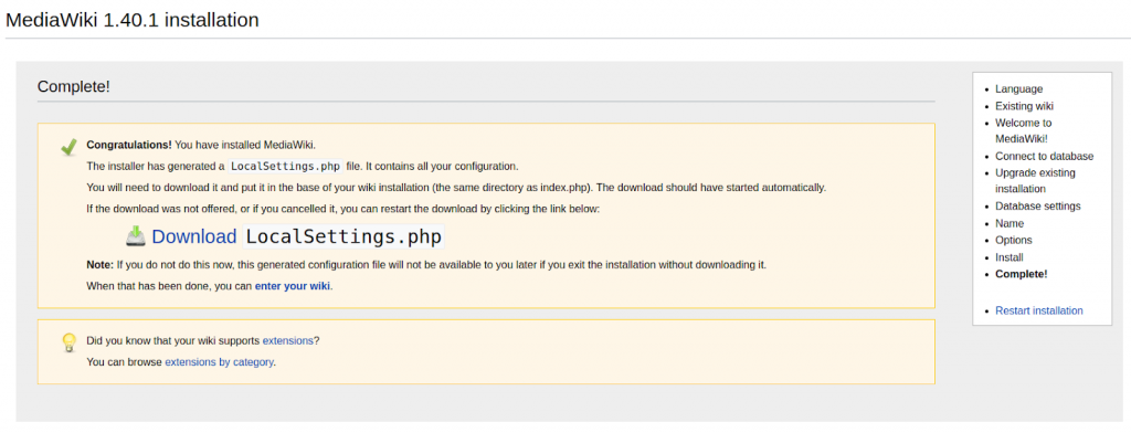 MediaWiki install guide for Linux (AlmaLinux). Another screen will appear confirming that the MediaWiki installation has been completed.
