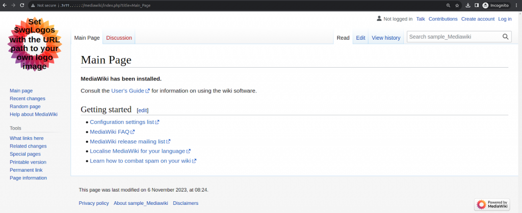 MediaWiki installation guide for Linux (AlmaLinux). Now, visit the MediaWiki Main Page via the http://System_IP_Address/mediawiki/  URL and click the Log In link in the upper righthand corner of the screen. Of course, when visiting the MediaWiki Main Page, replace the System_IP_Address placeholder value with your actual IP address.